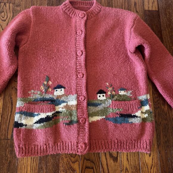 Vintage Dobrila Hand-Knitted Wool Sweater Womens XL Cardigan Houses 80s No Label - Picture 3 of 14